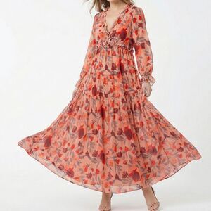 Boho Pink Floral Ruffle Maxi Dress Tiered V-Neck Cottagecore XXL Romantic